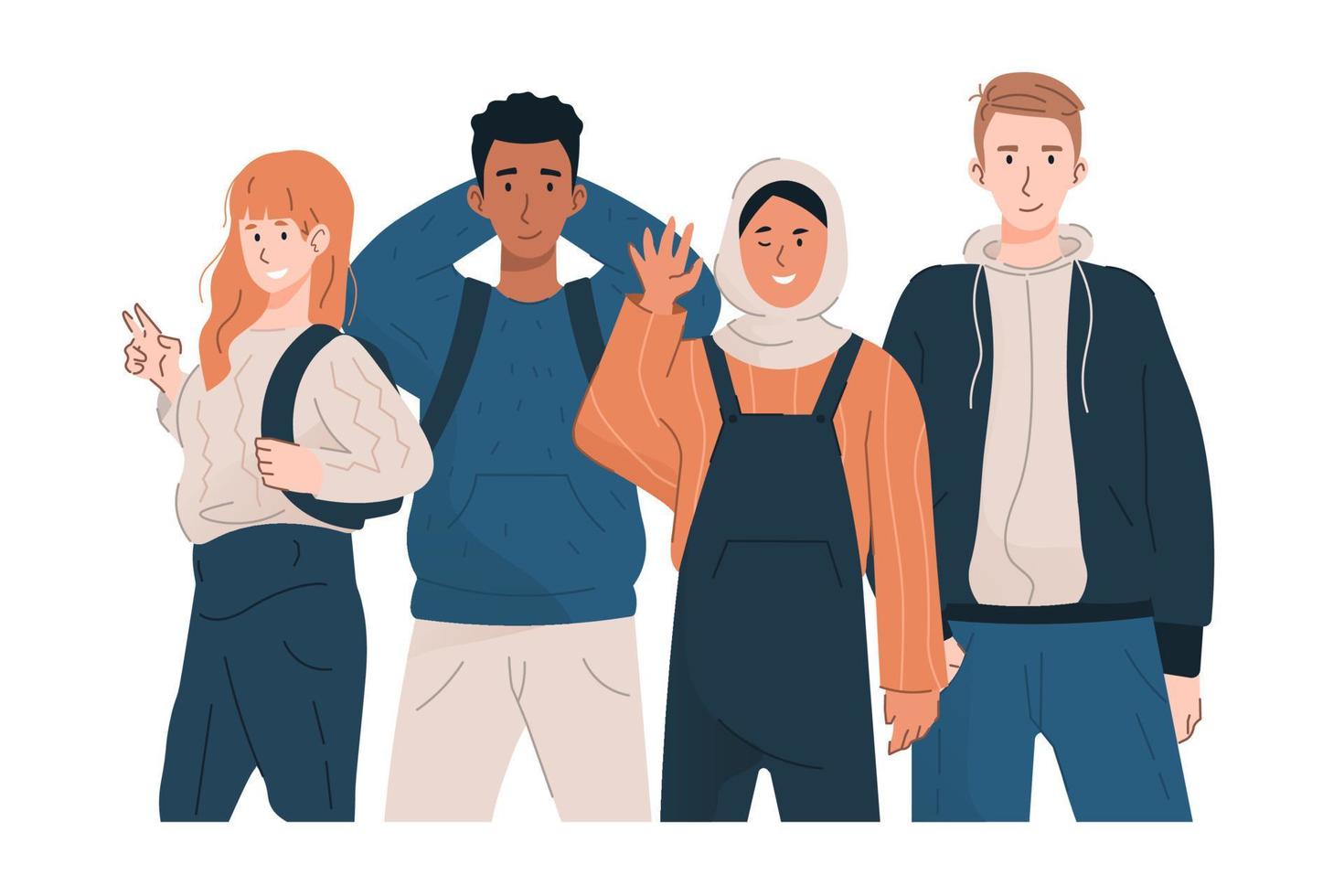 Group of multicultural students. Happy young boys and girls in casual clothes vector