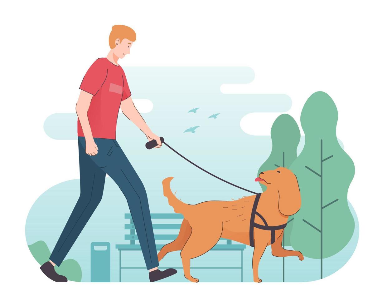 Dog walking illustration. People spending time with pet vector