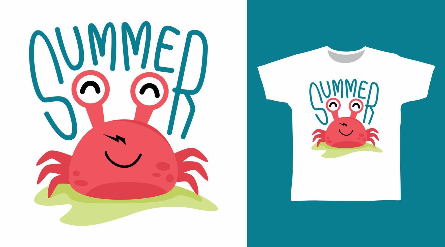 Cute crab summer design vector illustration ready for print on kids t-shirt.