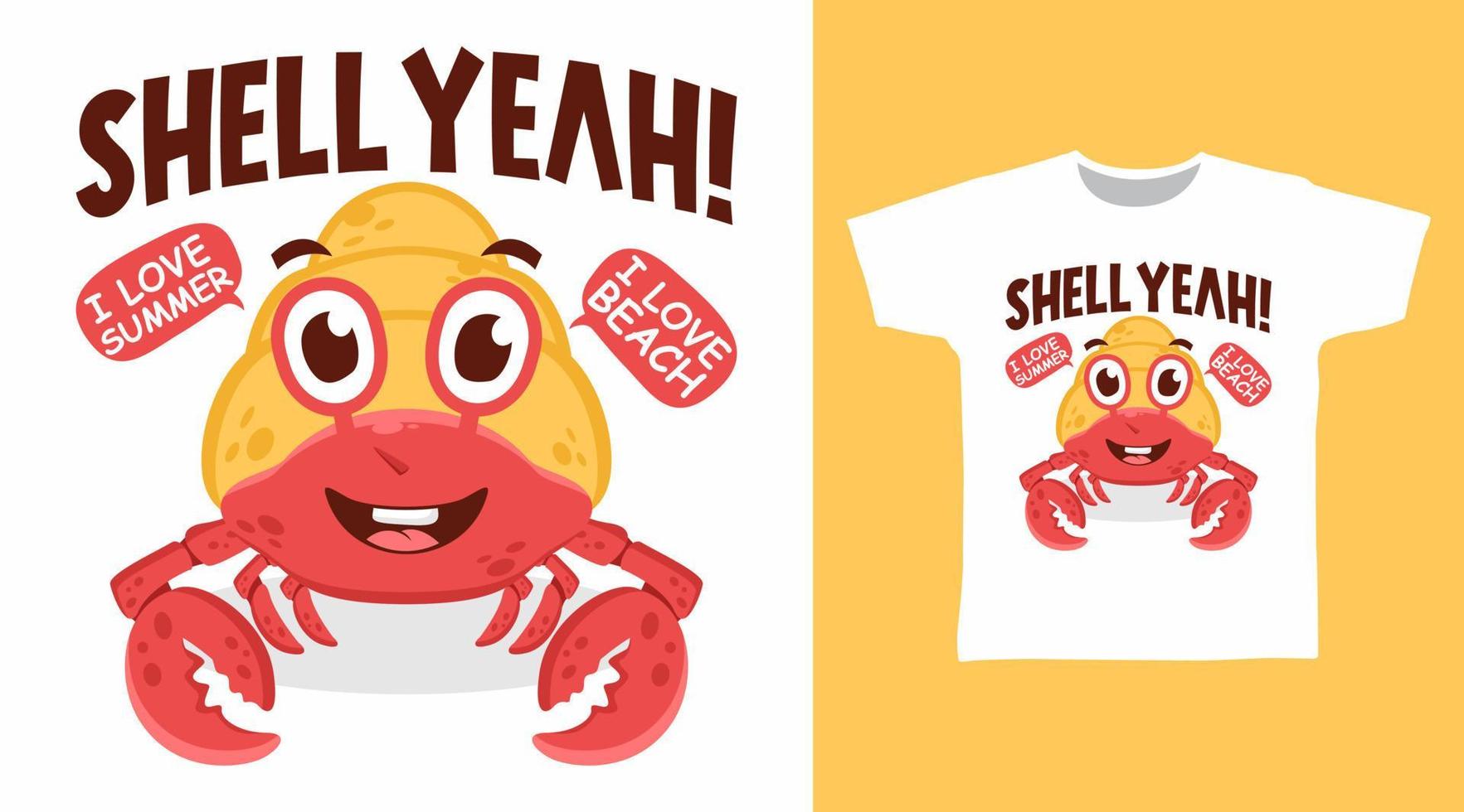 Cute hermit crab illustration t-shirt design vector concept.