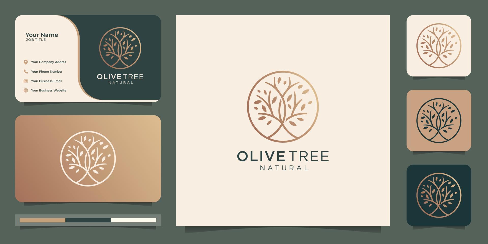 Modern gold olive tree, olive oil logo design and business card.Premium Vector