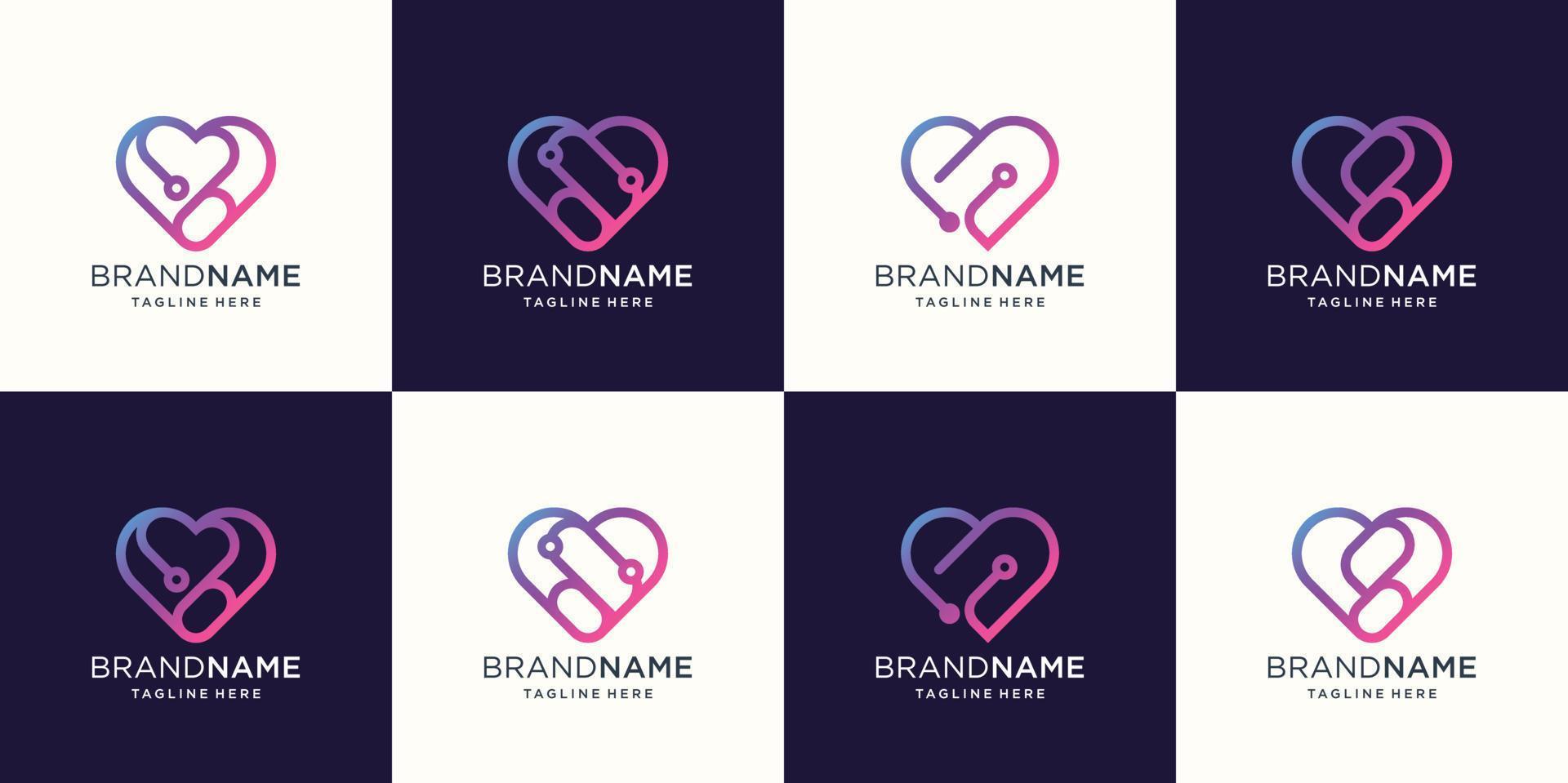 resumen de línea de corazón de logotipo con concepto de tecnología o punto. diseño para empresa comercial, estilo de arte de línea, moderno, degradado, colorido, ilustración vectorial. vector premium