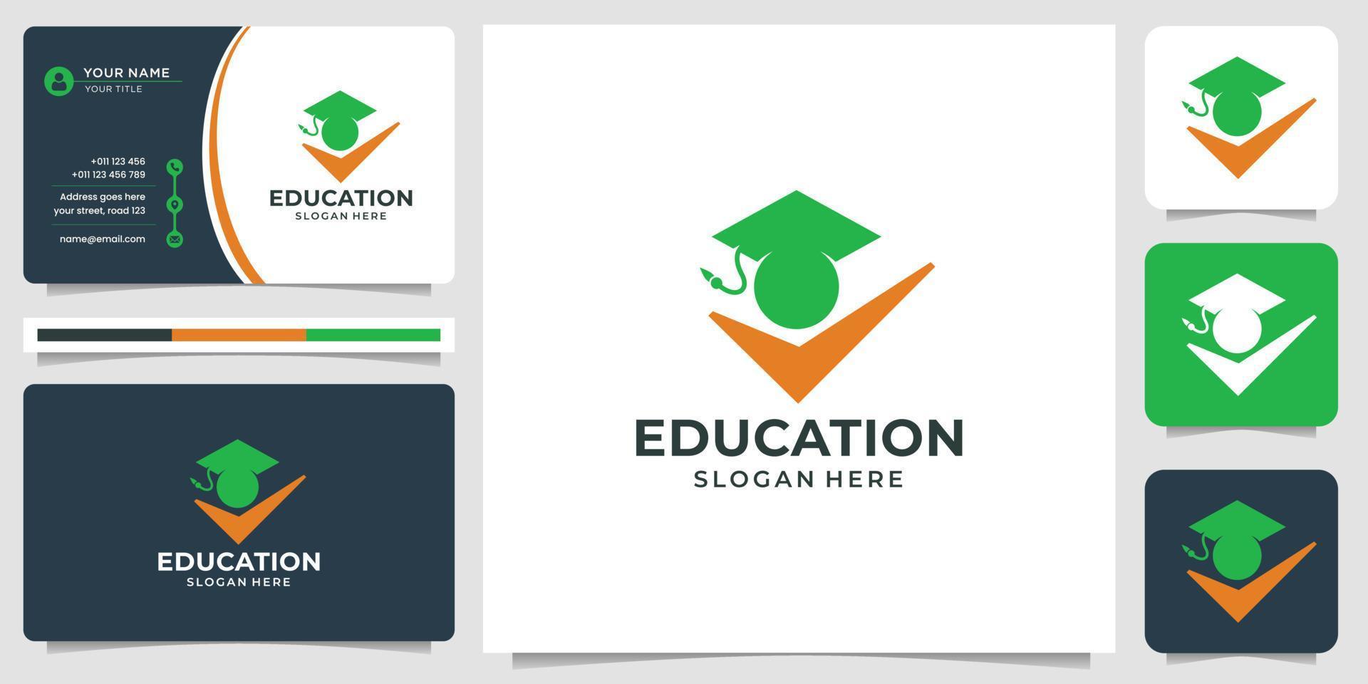 creative education people logo and hand success design with business card template. vector