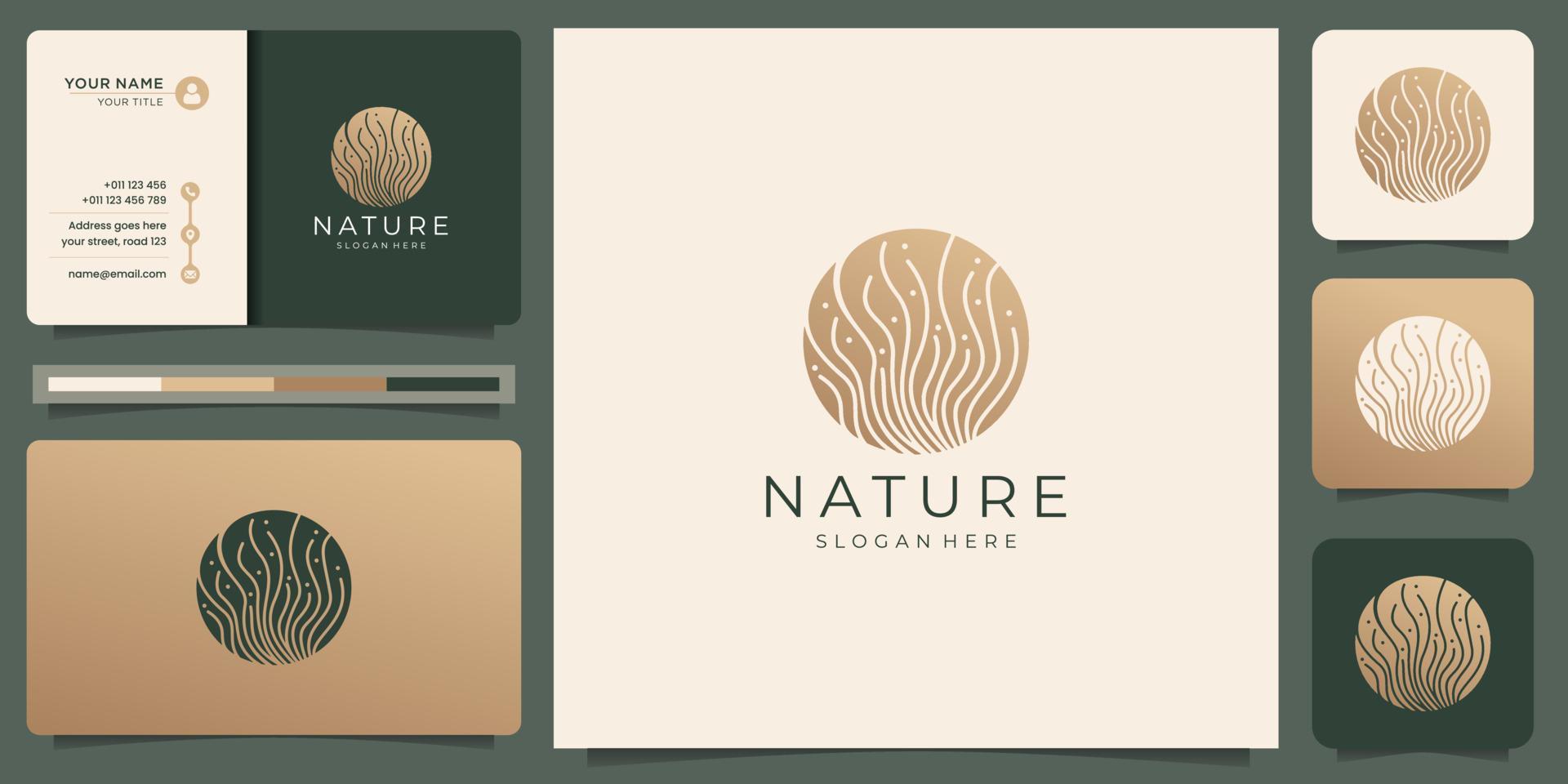 logotipo de naturaleza abstracta creativa con diseño lineal en forma de círculo, dorado y plantilla de tarjeta de visita. vector