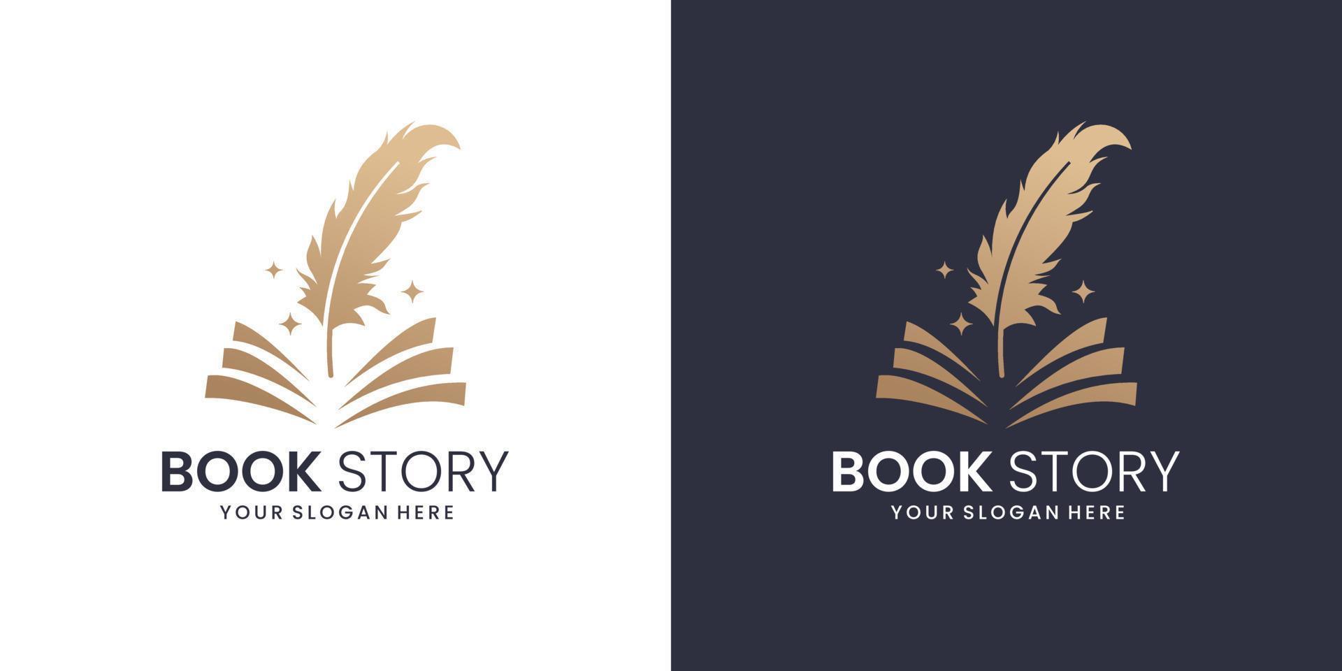 Story life book .store logo, book and feather, gradient logo template. Premium Vector