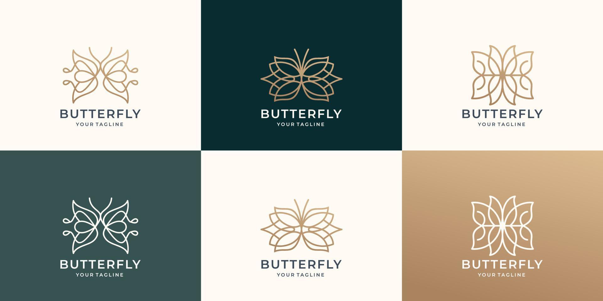 set of abstract line art style butterfly logo design inspiration with gold color and linear shapes. vector