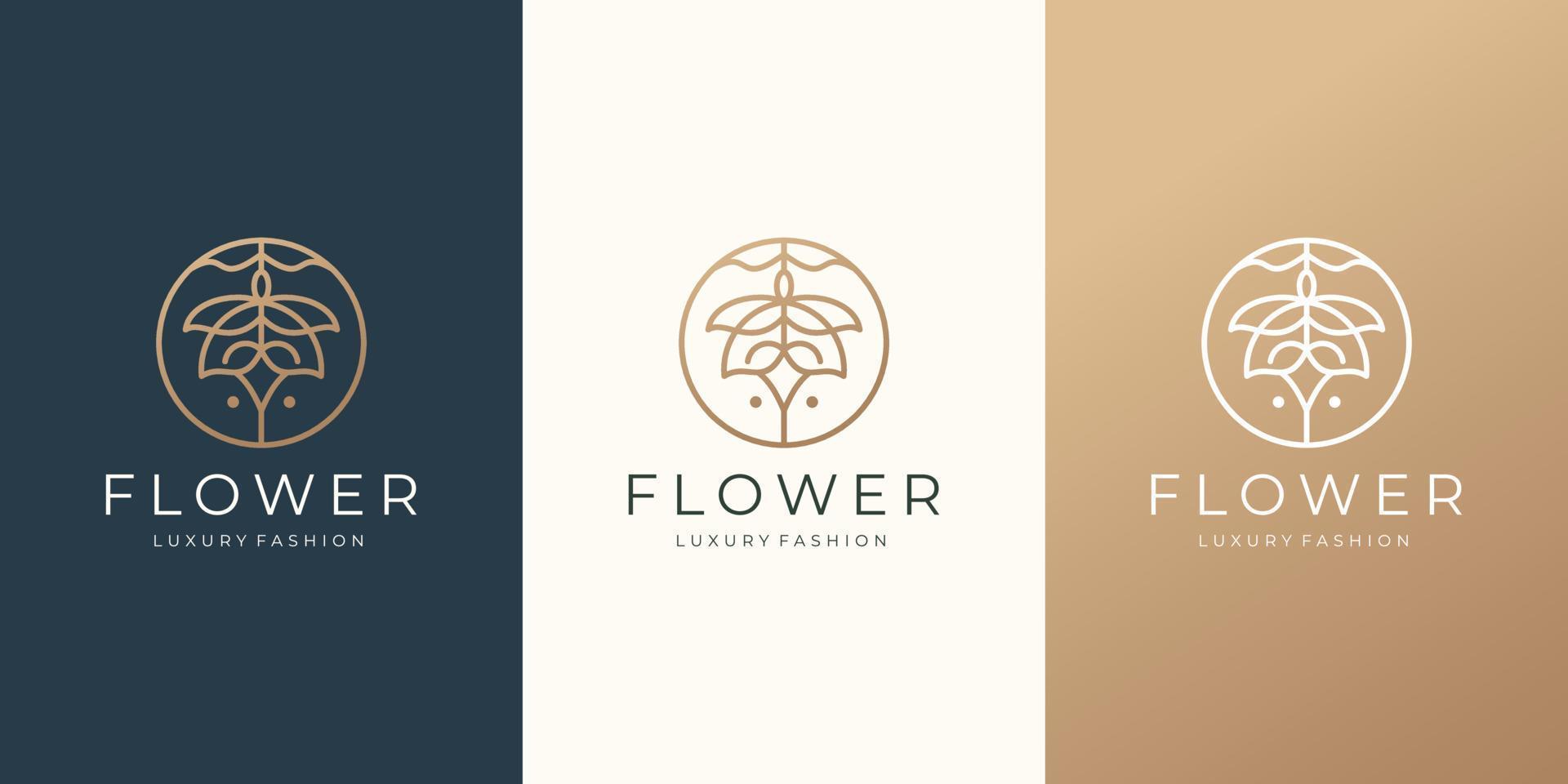 feminine abstract flower logo with circle frame. golden color, luxury fashion, feminine logo. vector