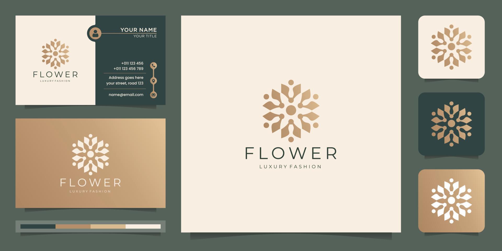 diseño de logotipo de flor de lujo con color dorado, moda de lujo, logotipo de loto floral, con tarjeta de visita. vector