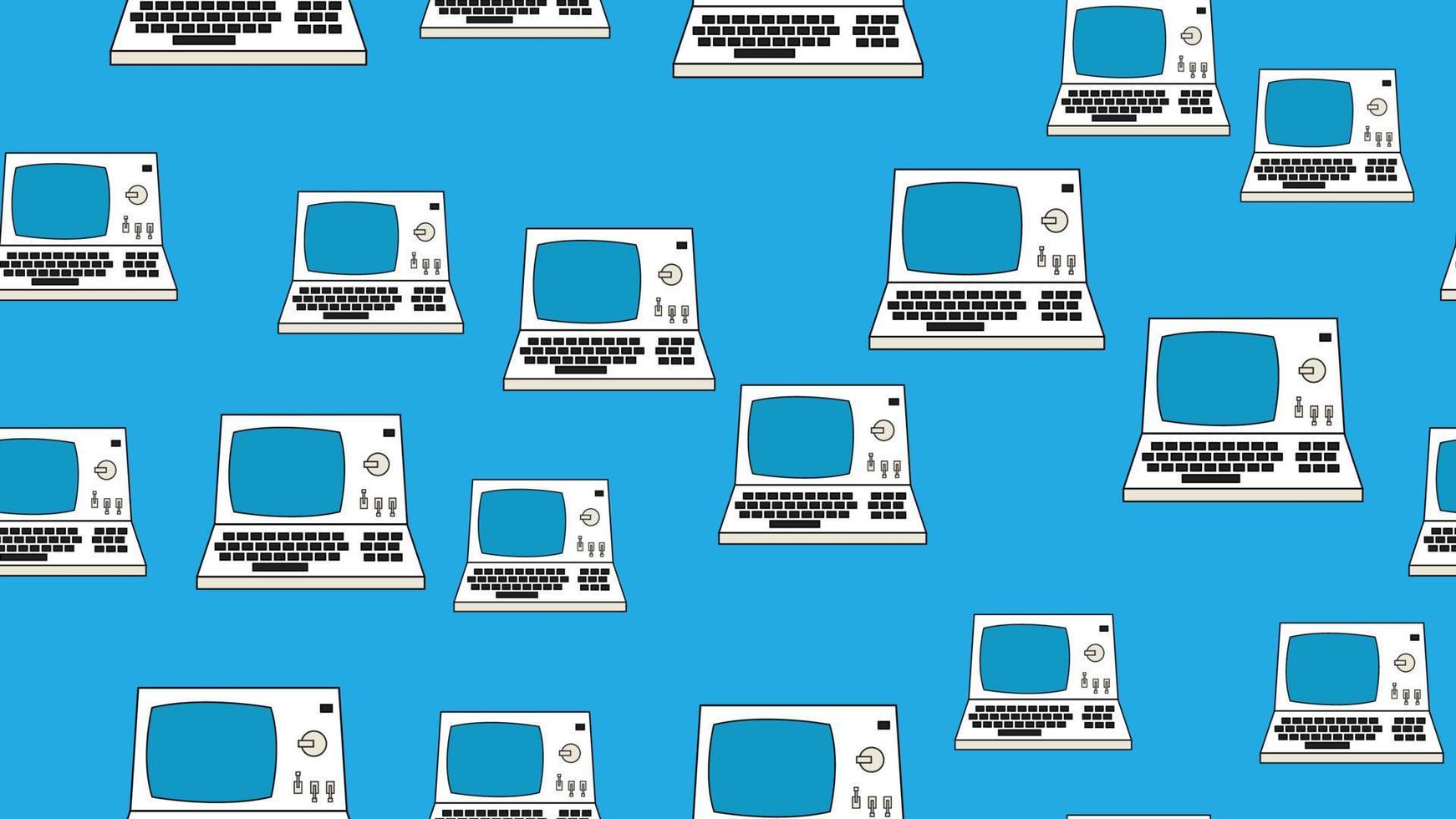 Seamless pattern endless computer with old retro computers, vintage white hipster pc from 70s, 80s, 90s isolated on blue background. Vector illustration