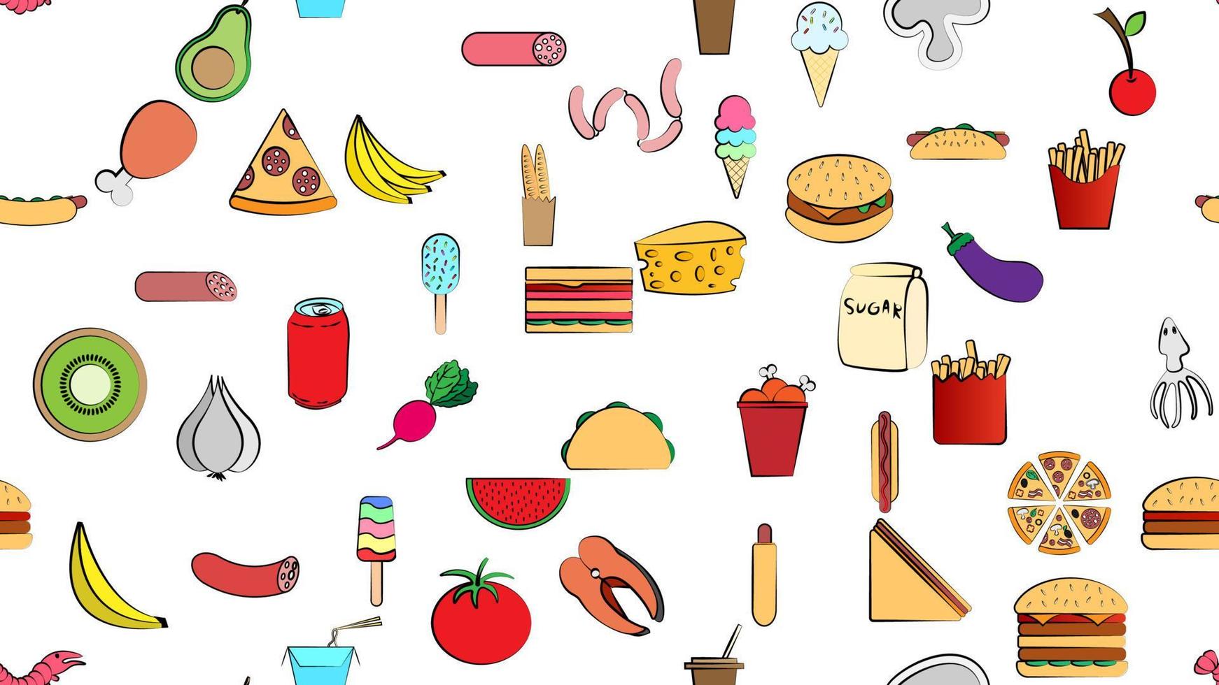 Endless white seamless pattern of delicious food and snack items icons set for restaurant bar cafe fast food, cheat meat, burger, pizza, hot dog, sandwich, fruits, vegetables. The background vector
