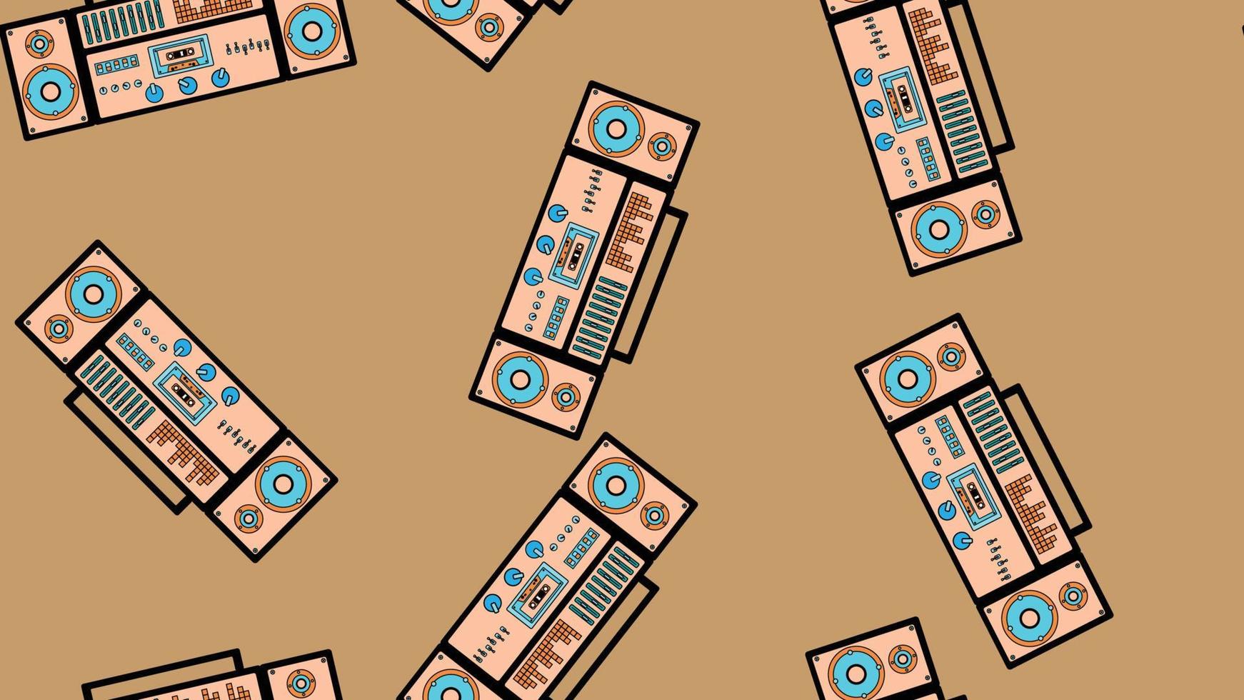 Seamless pattern endless with music audio cassette old retro tape recorders vintage hipster from 70s, 80s, 90s isolated on brown background. Vector illustration