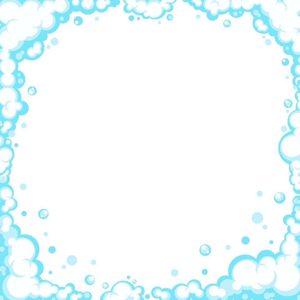 Soapy foam with bubbles. Frame of cartoon shampoo and shaving mousse foam suds. Clouds border. Vector illustration