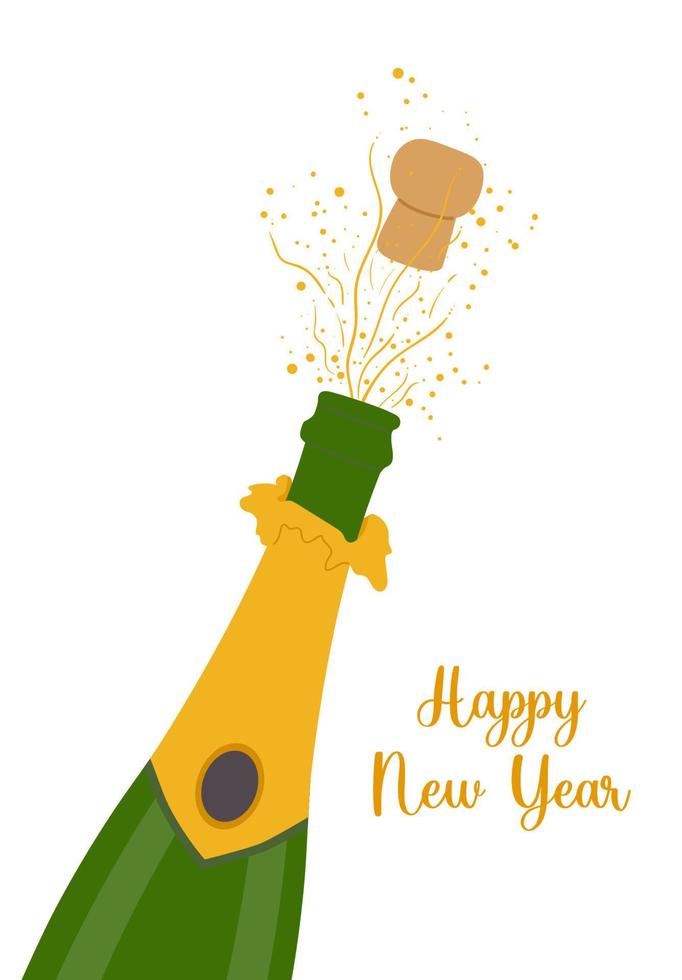 A champagne bottle explosion isolated on the white background. New Year's Eve Celebration. Flat vector illustration