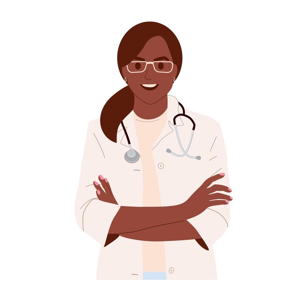 Woman doctor portrait crossed hands isolated on white background. Female physician with stethoscope smiling. African American woman therapist in medical uniform. Flat vector illustration