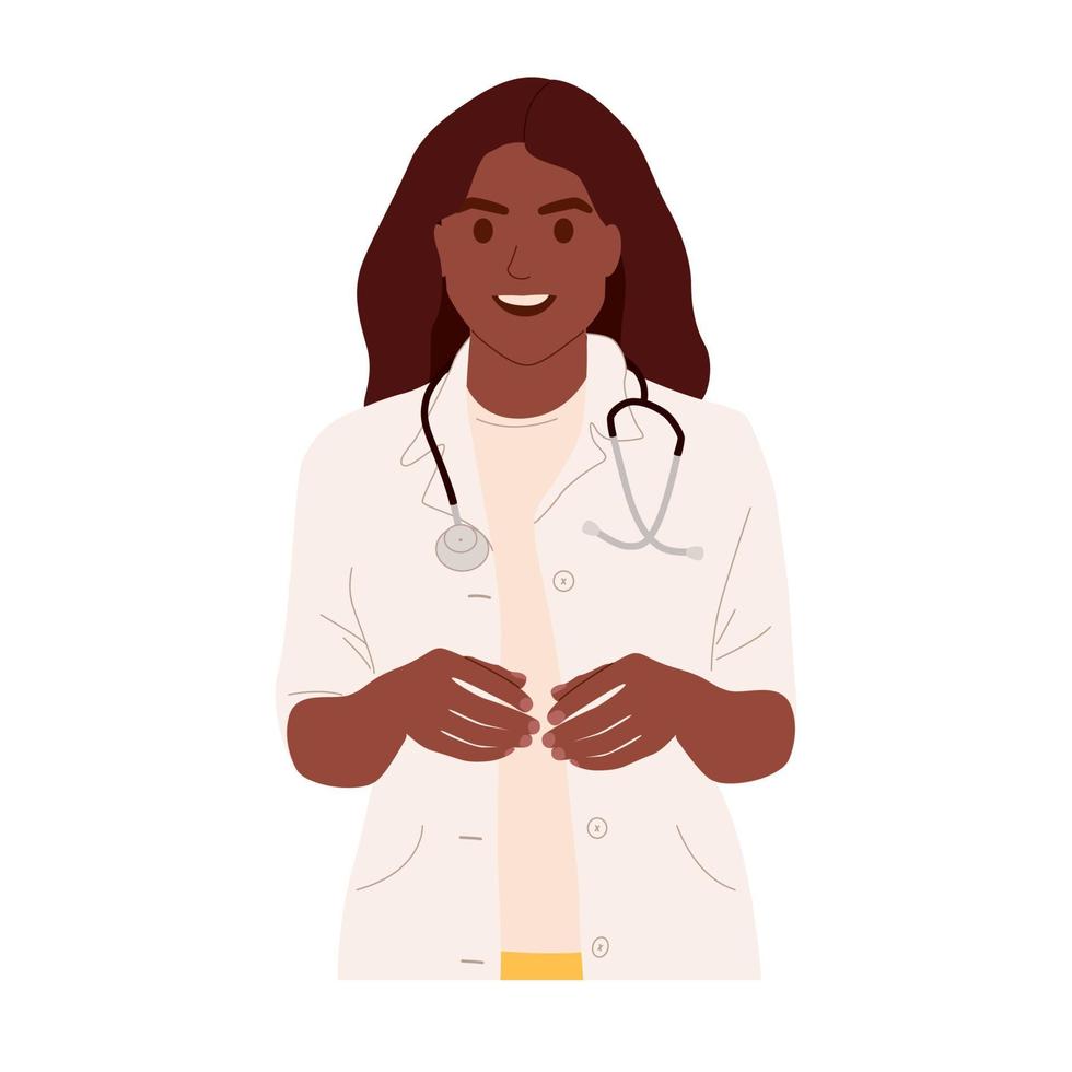 Woman doctor portrait isolated on white background. Female physician with stethoscope smiling. African American woman therapist in medical uniform. Flat vector illustration