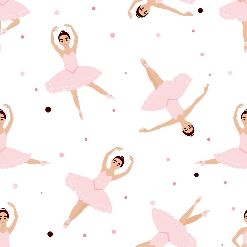 Cute little ballerina in ballet poses. Vector seamless pattern. Princess girl is dancing