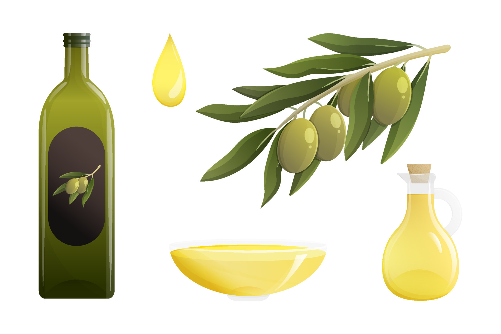 Olive oil bottle and olives set. Olive branch, oil drop, bottle of oil.  Cartoon isolated vector illustration 16247857 Vector Art at Vecteezy