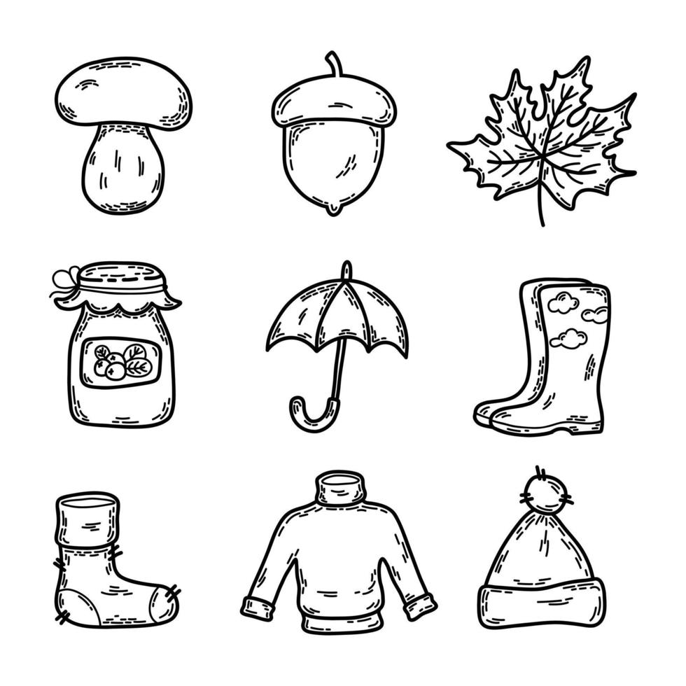 Autumn symbols. Set of autumn elements mushroom, acorn, leaf, jam, umbrella, warm clothes. Hand drawn line black and white, sketch. Vector illustration in doodle style.