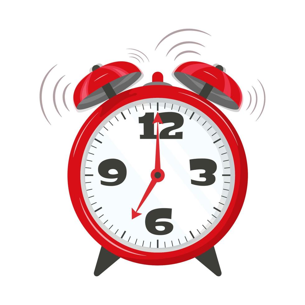 Cartoon retro red alarm clock ringing wake up time morning concept. Isolated on background in flat style. Red arrows. Vector illustration