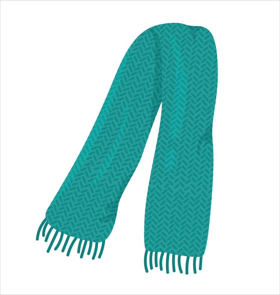 Vector illustration green knitted textured cartoon scarf isolated on white background. Winter scarf