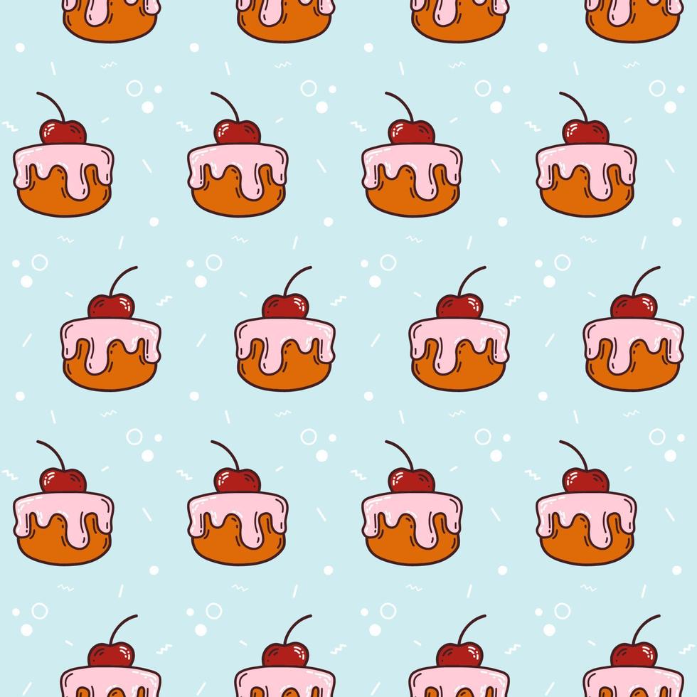 Cute Seamless pattern made of colorful hand drawn cupcake on a light blue background with a red cherry in doodle style. Design can be used for menu, background, card template or for website. vector