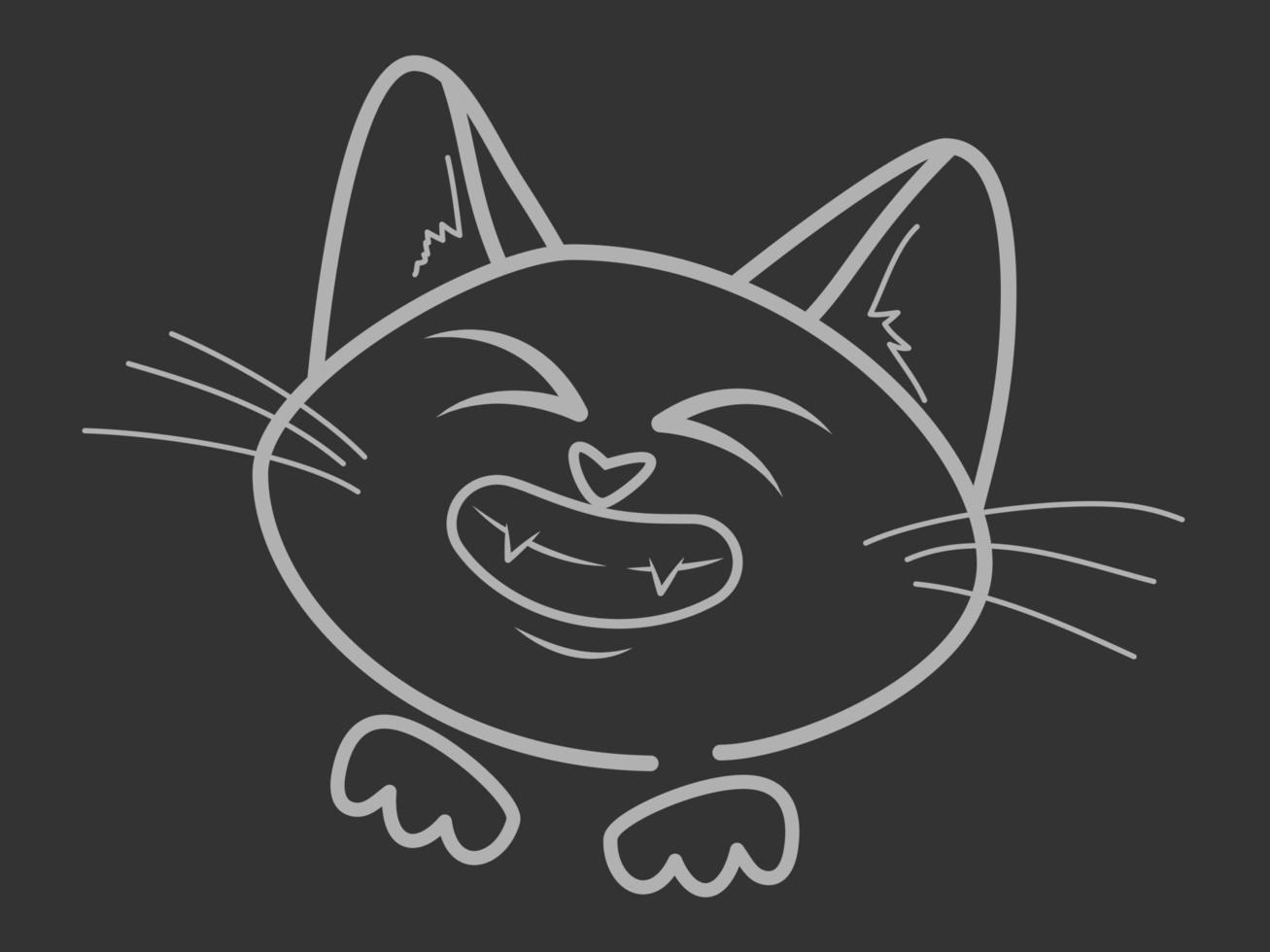 icono de cabeza de gato con estilo de línea aislado en fondo oscuro. ilustración vectorial, silueta estilizada. icono de mascota de gatito gris. cara de gato sonriente con patas. imitación de un dibujo en una pizarra. vector