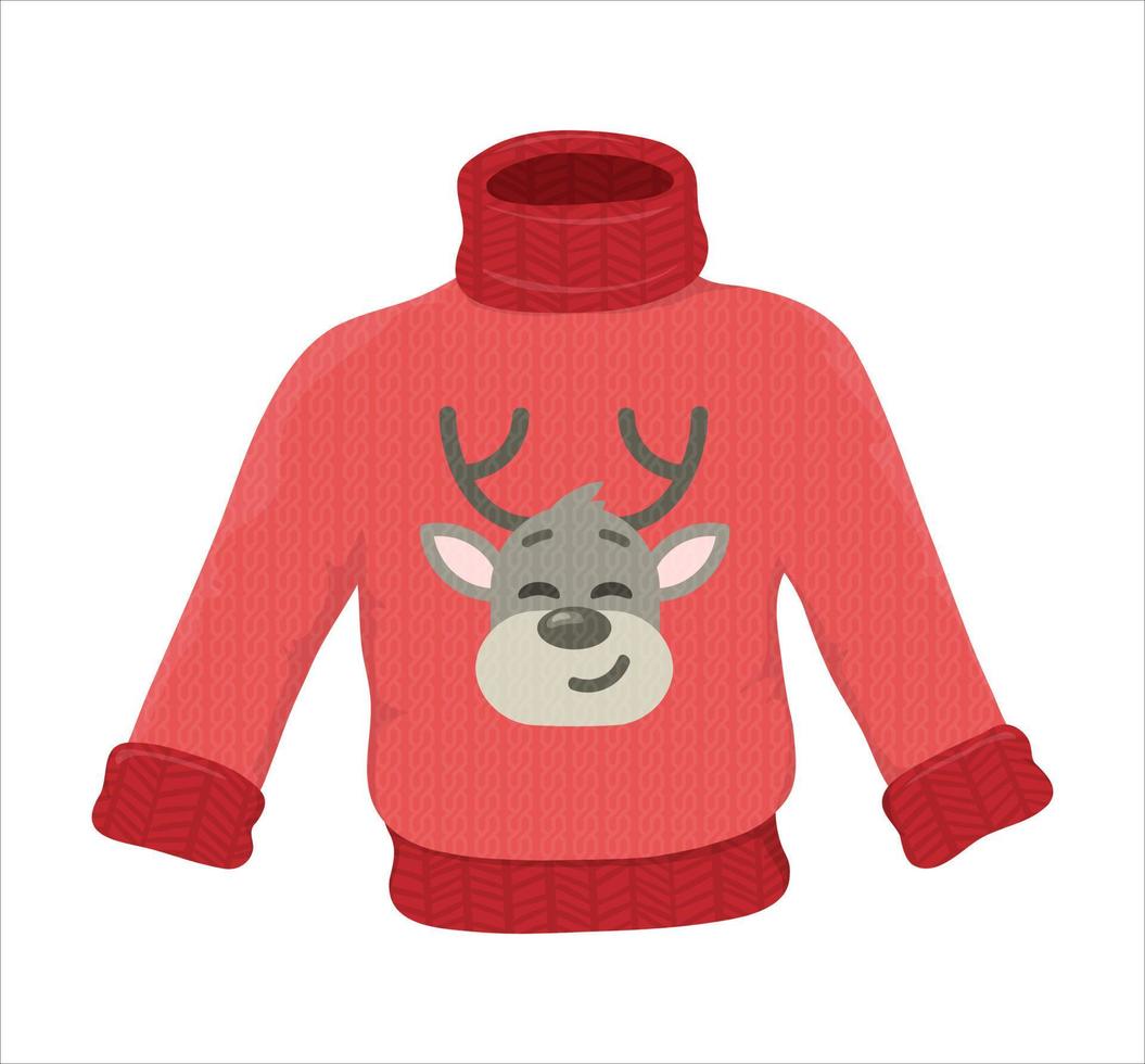 Traditional ugly Christmas sweater. Funny Xmas jumper in red colors with deer. Sweater weather winter concept. Clothing and Accessories. vector