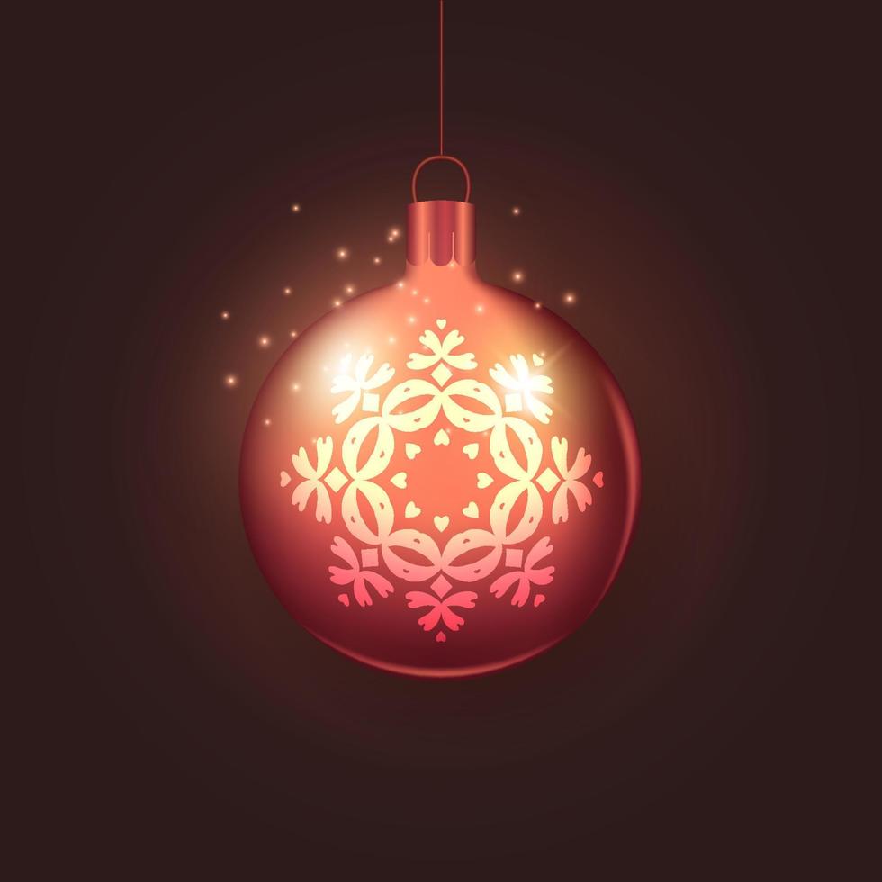 Abstract Christmas digital christmas ball with glowing Christmas snowflake ornament with stars and light effects on a dark red background. vector