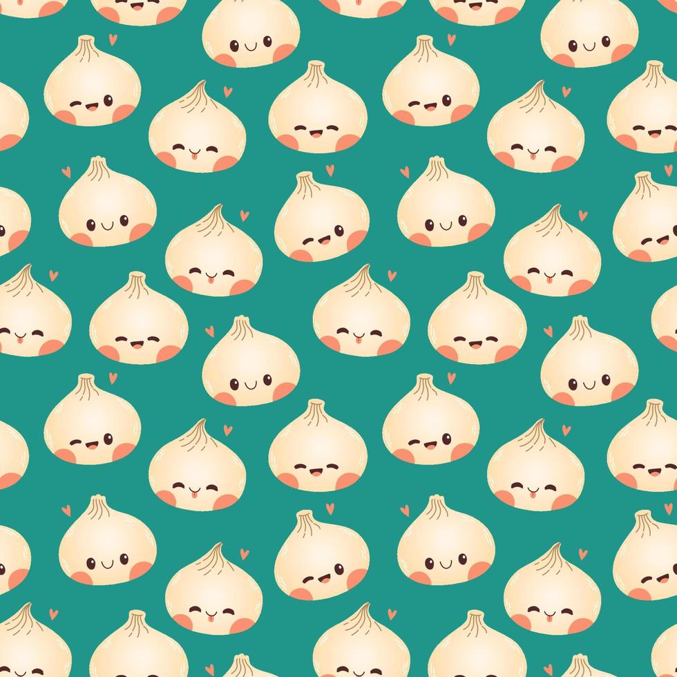 Dumpling and gyoza seamless pattern vector drawing. Traditional Japanese dumplings with funny smiling faces.