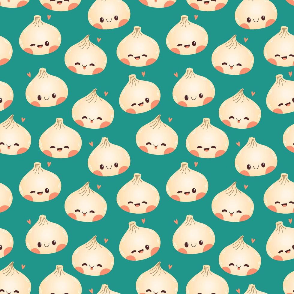 Dumpling and gyoza seamless pattern vector drawing. Traditional Japanese dumplings with funny smiling faces.