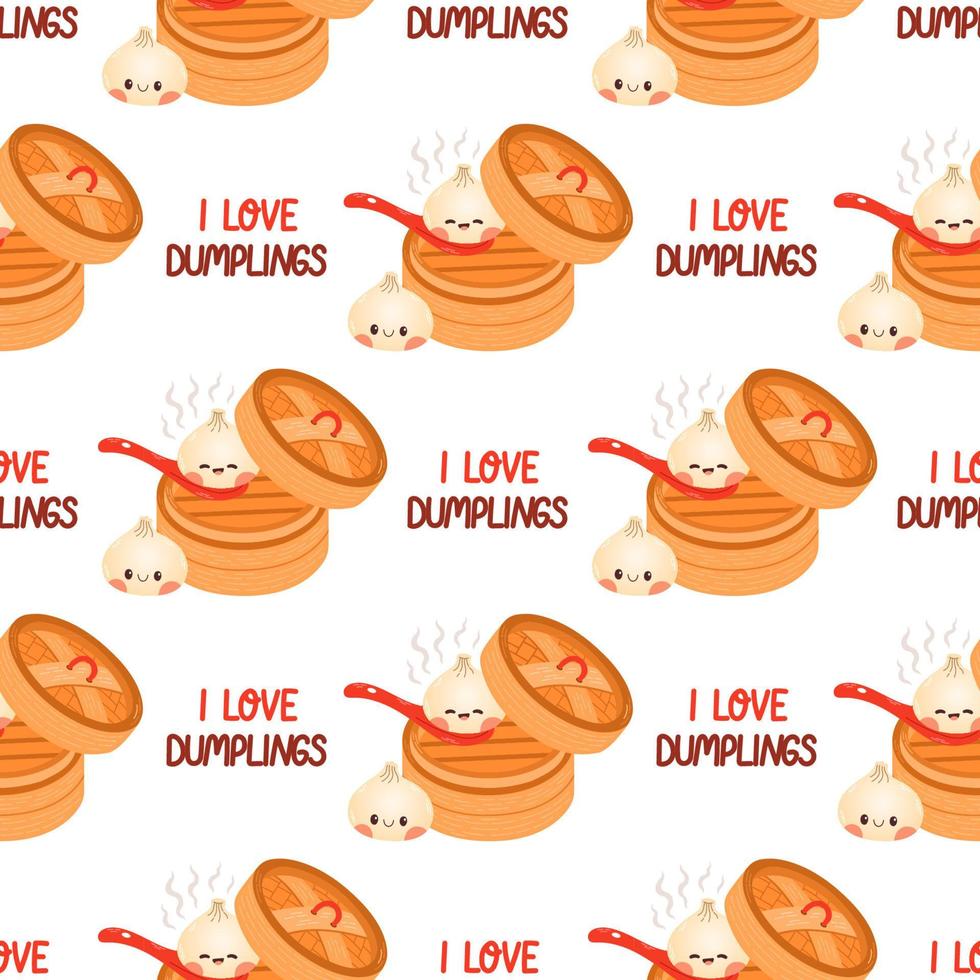 Dumplings and gyoza seamless pattern vector drawing. Traditional Japanese dumplings with funny smiling faces. Kawaii asian food vector illustration