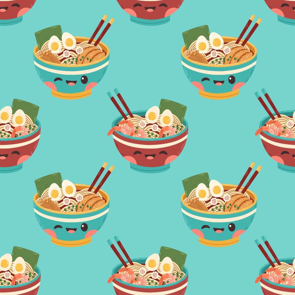 Ramen seamless pattern noodle soup in the bowl with shrimps and chicken illustration design vector. Vector illustration