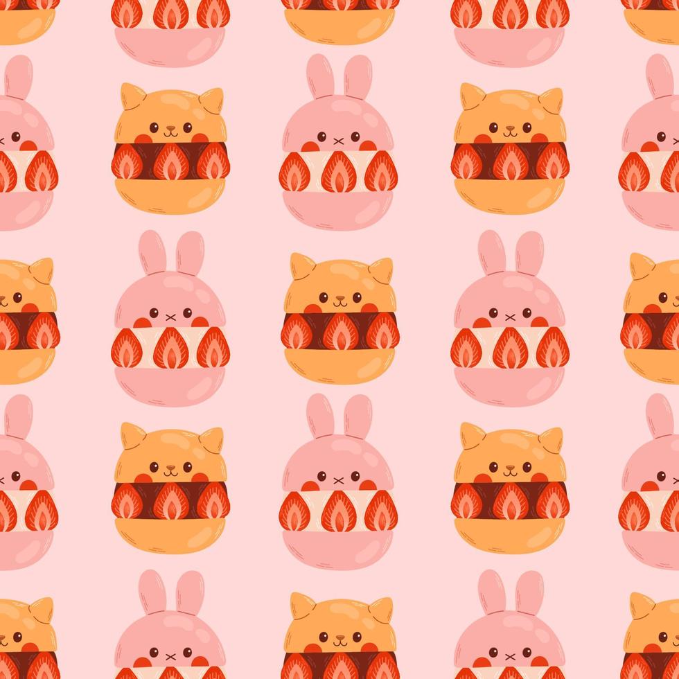 Strawberry sandwich seamless pattern, pink japanese dessert, asian food vector illustration. For cafes, restaurants, coffee shops, catering.