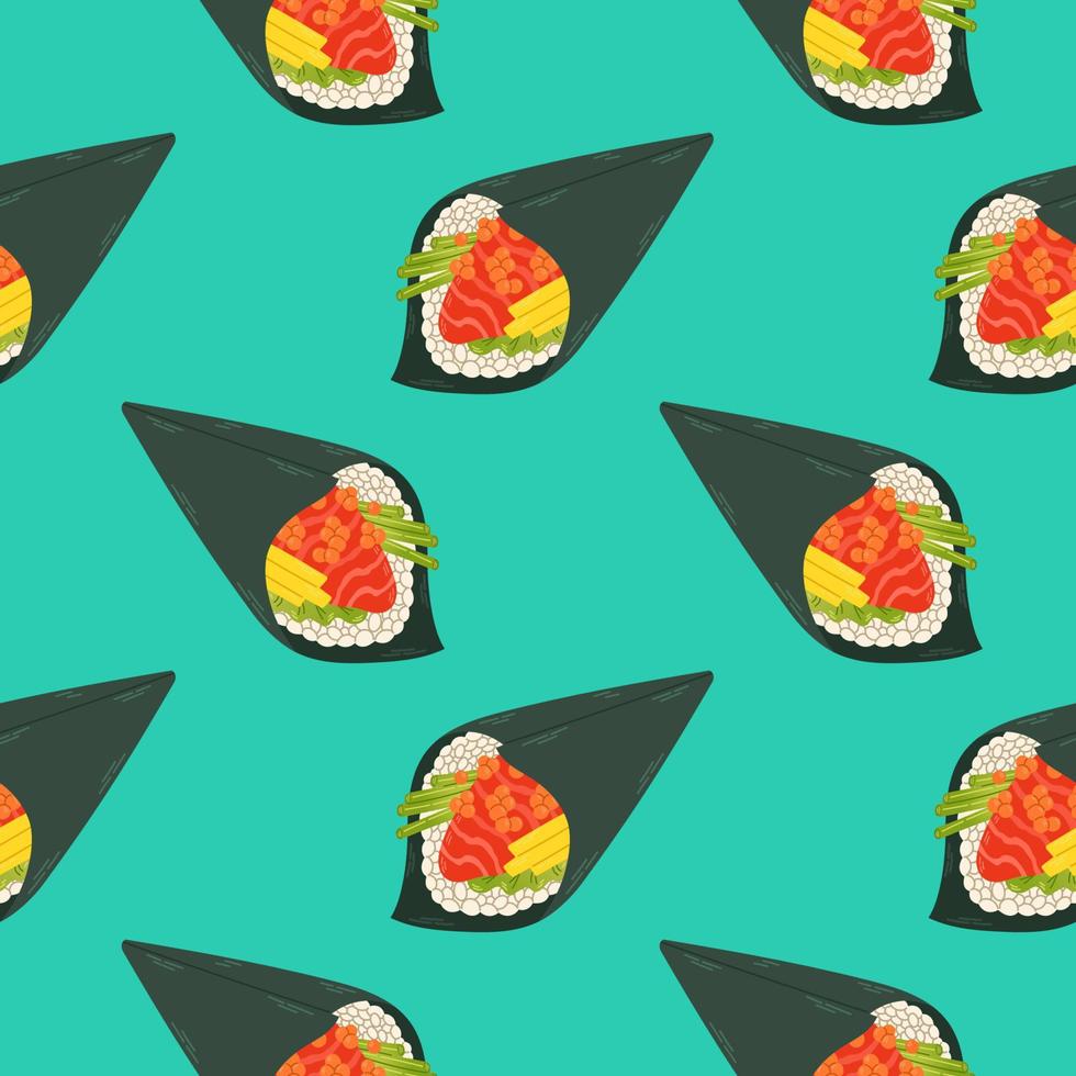 Sushi rolls seamless pattern japan asian food vector design isolated on colorful background. Vector illustration