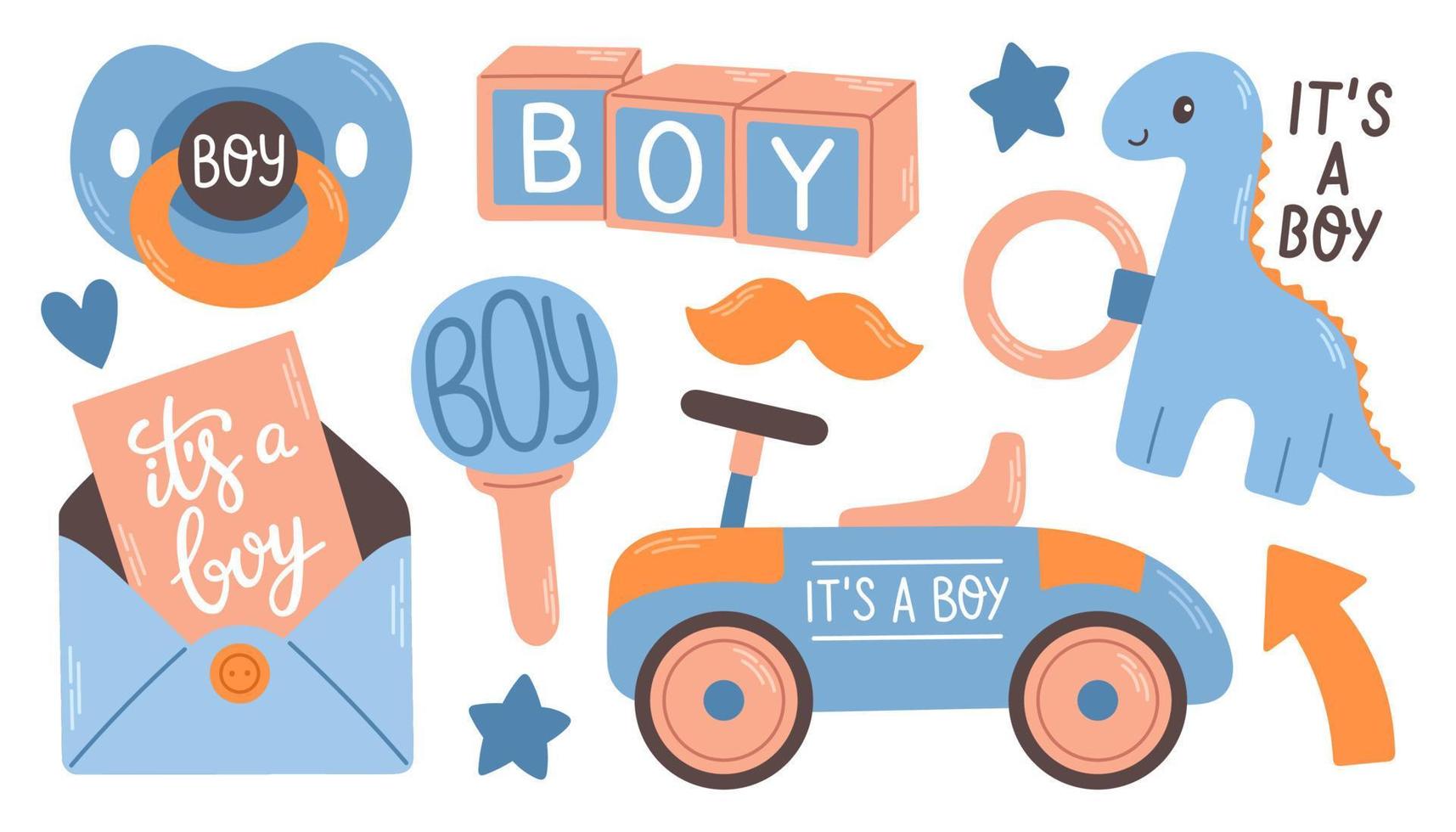 Baby shower Its a boy. Vector illustration for baby boy shower and baby items.