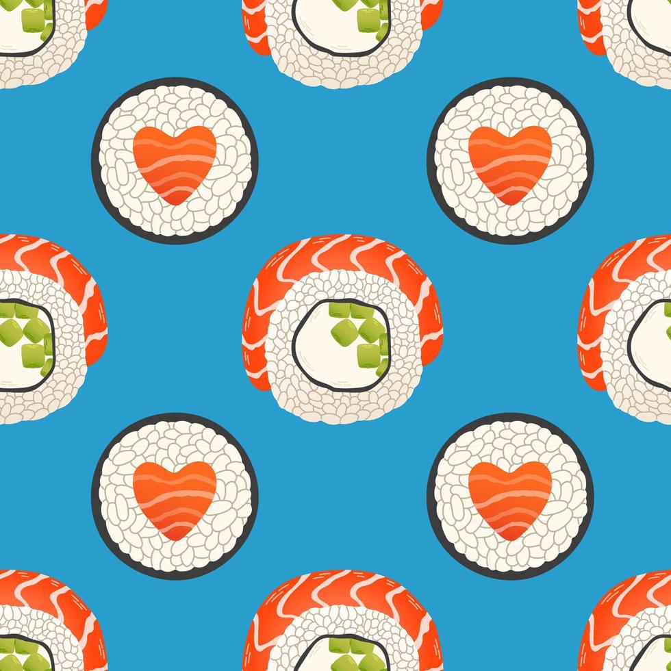 rollos de sushi diseño de vector de comida asiática de japón de patrones sin fisuras aislado sobre fondo colorido. ilustración vectorial