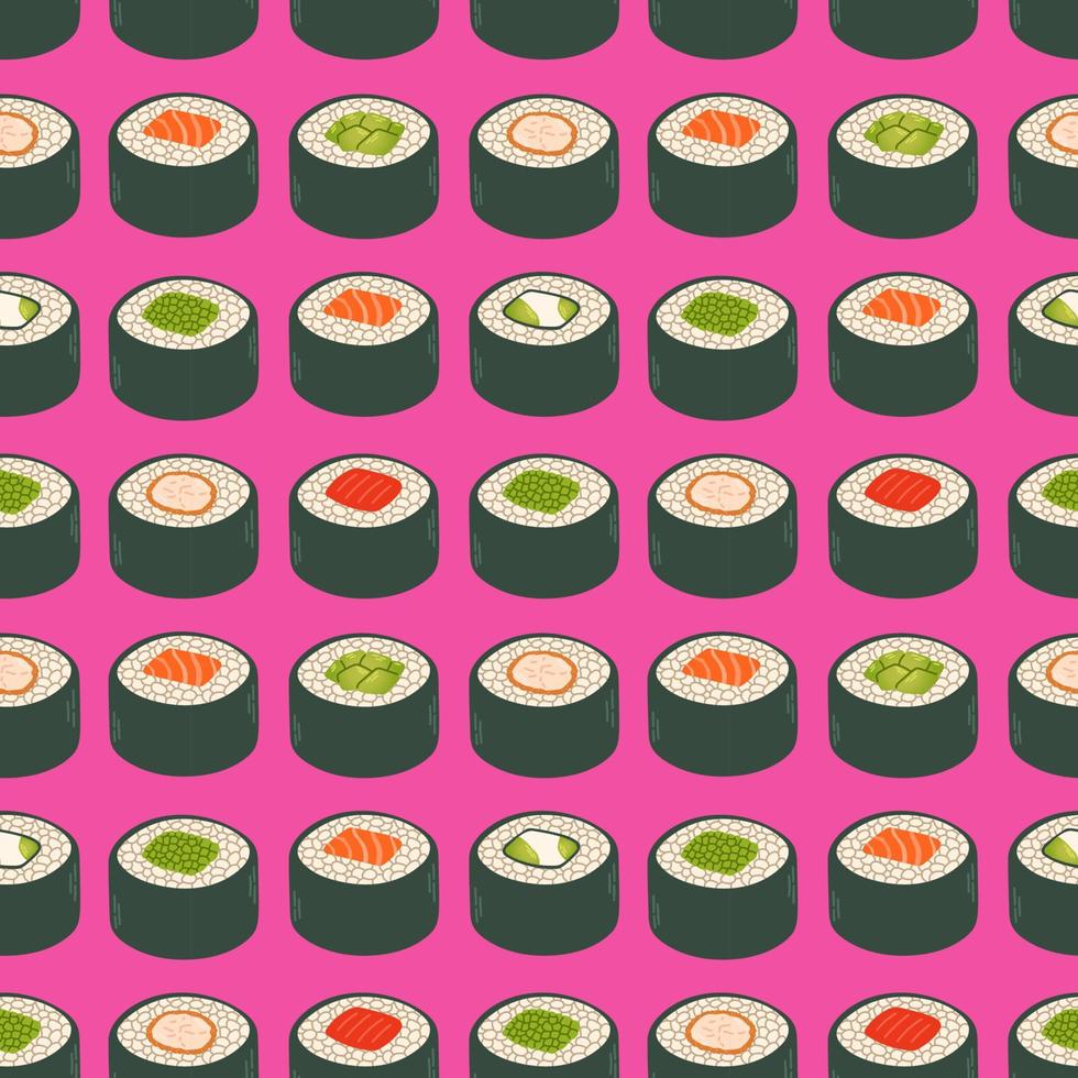 Sushi rolls seamless pattern japan asian food vector design isolated on colorful background. Vector illustration