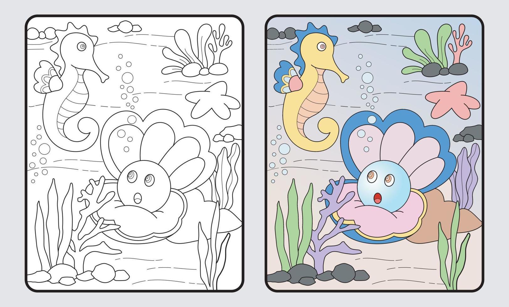 learn coloring for kids and elementary school. Shells, pearls, seahorses. vector