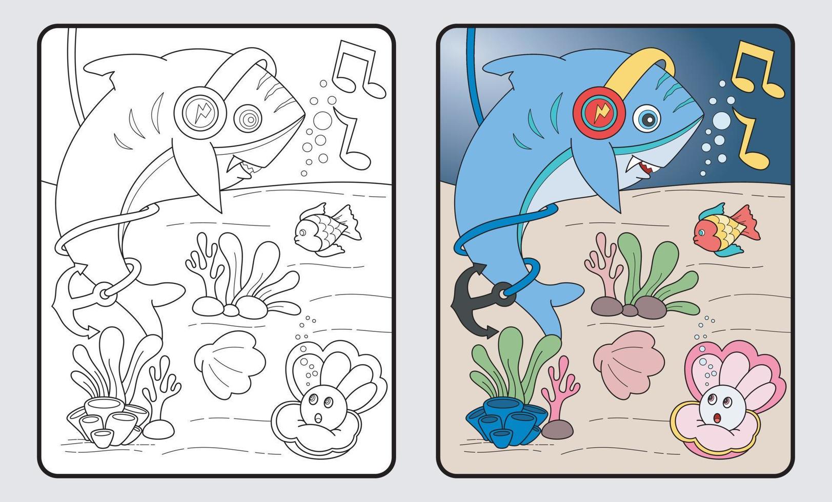 learn coloring for kids and elementary school. shark, shellfish, fish. vector