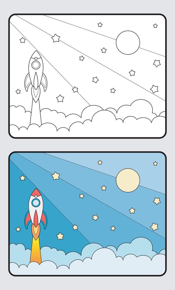 learn coloring for kids and elementary school. spaceship, rocket, moon and stars. vector