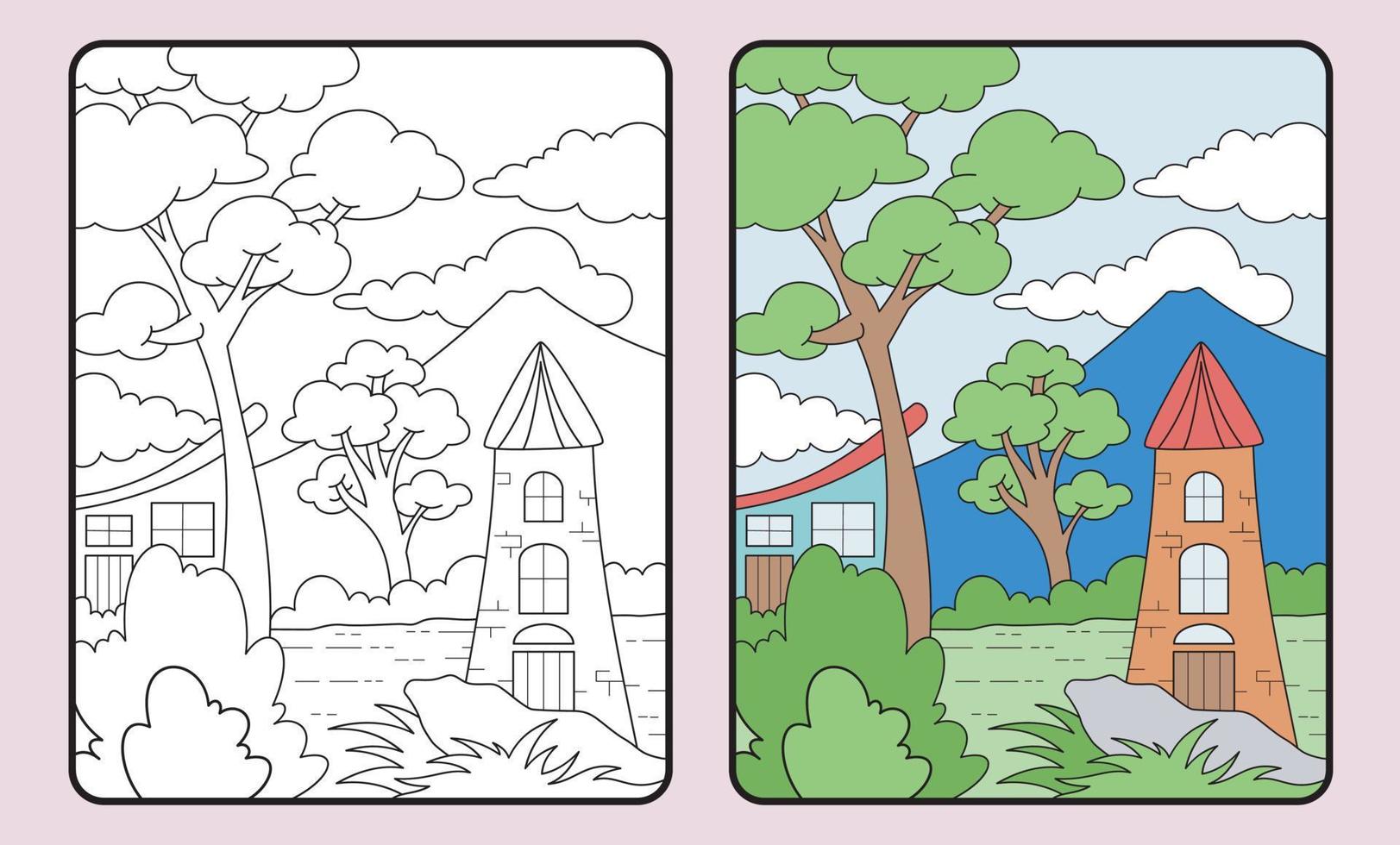 learn coloring for kids and elementary school. Tower, house, mountain and etc. vector