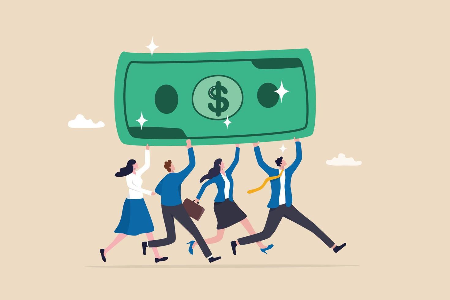 People carry money dollar banknote metaphor of capital, salary or income, wages to pay and purchase value, banking and investment, tax, economic and inflation concept. vector