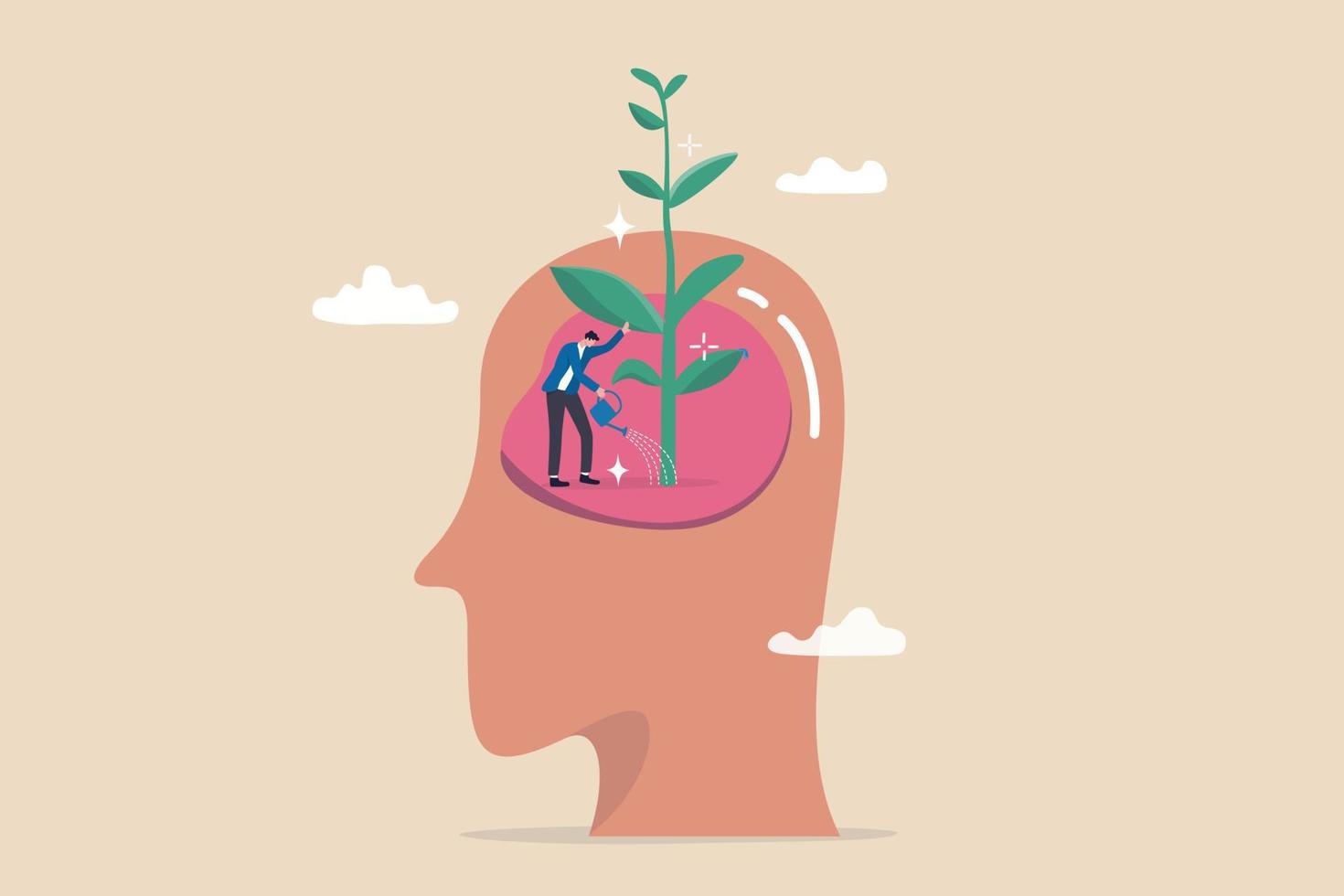 Growth mindset, personal development or improvement, training to believe to success, motivation or coaching, growing attitude concept, man watering on plantation seedling growing from head brain. vector