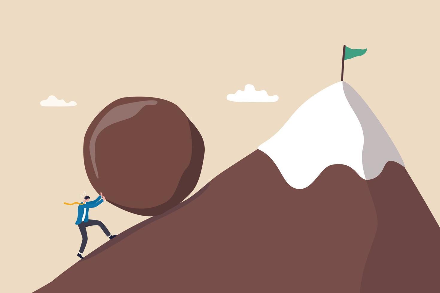 Perseverance, grit or persistence to push effort to success, resilience and strength to keep pushing and achieve goal and success concept, ambitious businessman pushing heavy boulder to mountain peak. vector