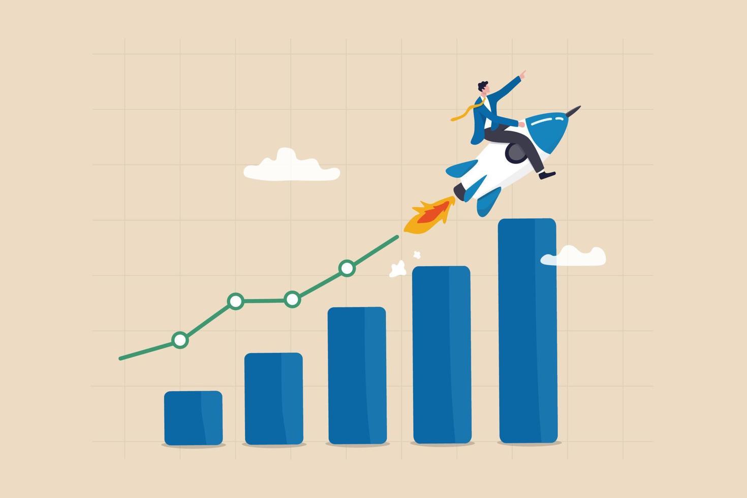 crecimiento empresarial, aumento de los beneficios de la inversión, crecimiento rápido o mejora de las ventas e ingresos, concepto de progreso o desarrollo, hombre de negocios montando cohetes en el gráfico de barras de crecimiento o aumentando el gráfico de ingresos. vector