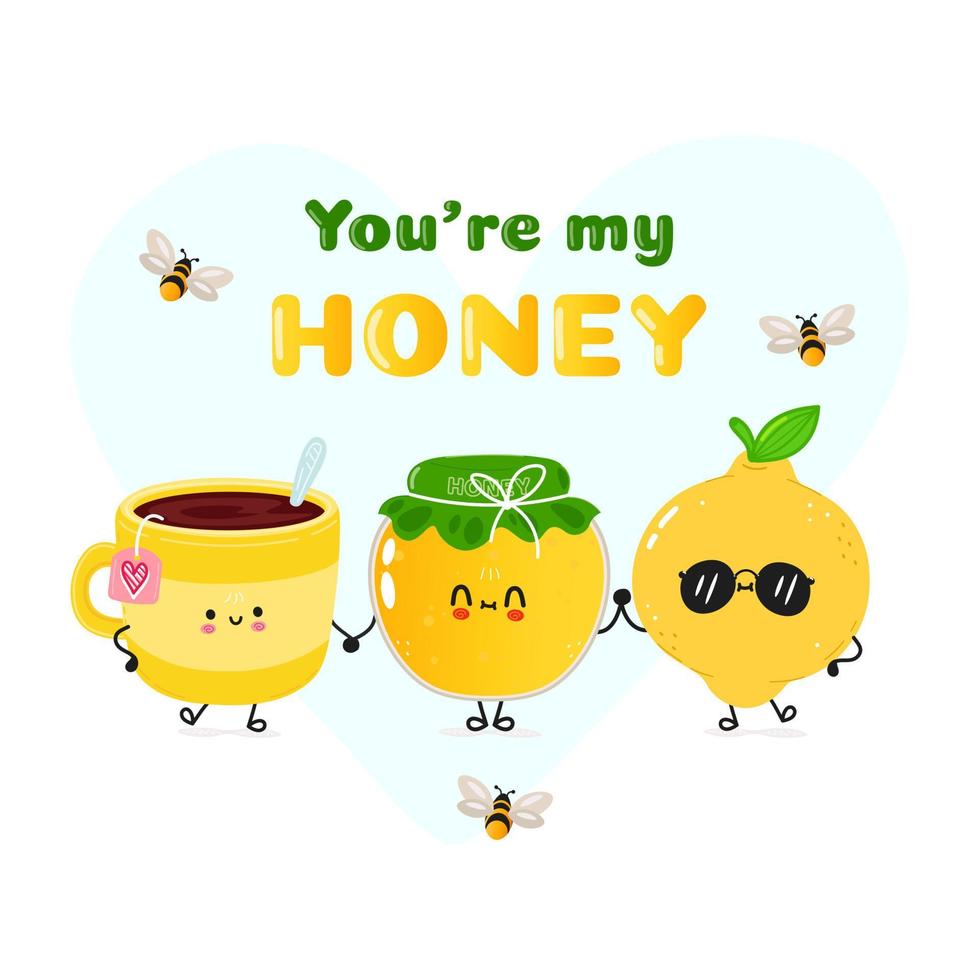 Linda taza de miel feliz de té y tarjeta de limón. diseño de icono de ilustración de personaje de dibujos animados de estilo de fideos dibujado a mano vectorial. feliz taza de miel de té y tarjeta de concepto de amigos de limón vector