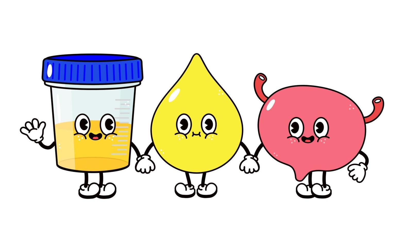 Cute, funny happy container for analysis drop of urine bladder. Vector hand drawn cartoon kawaii characters, illustration icon. Funny cartoon container for analysis drop of urine bladder friends