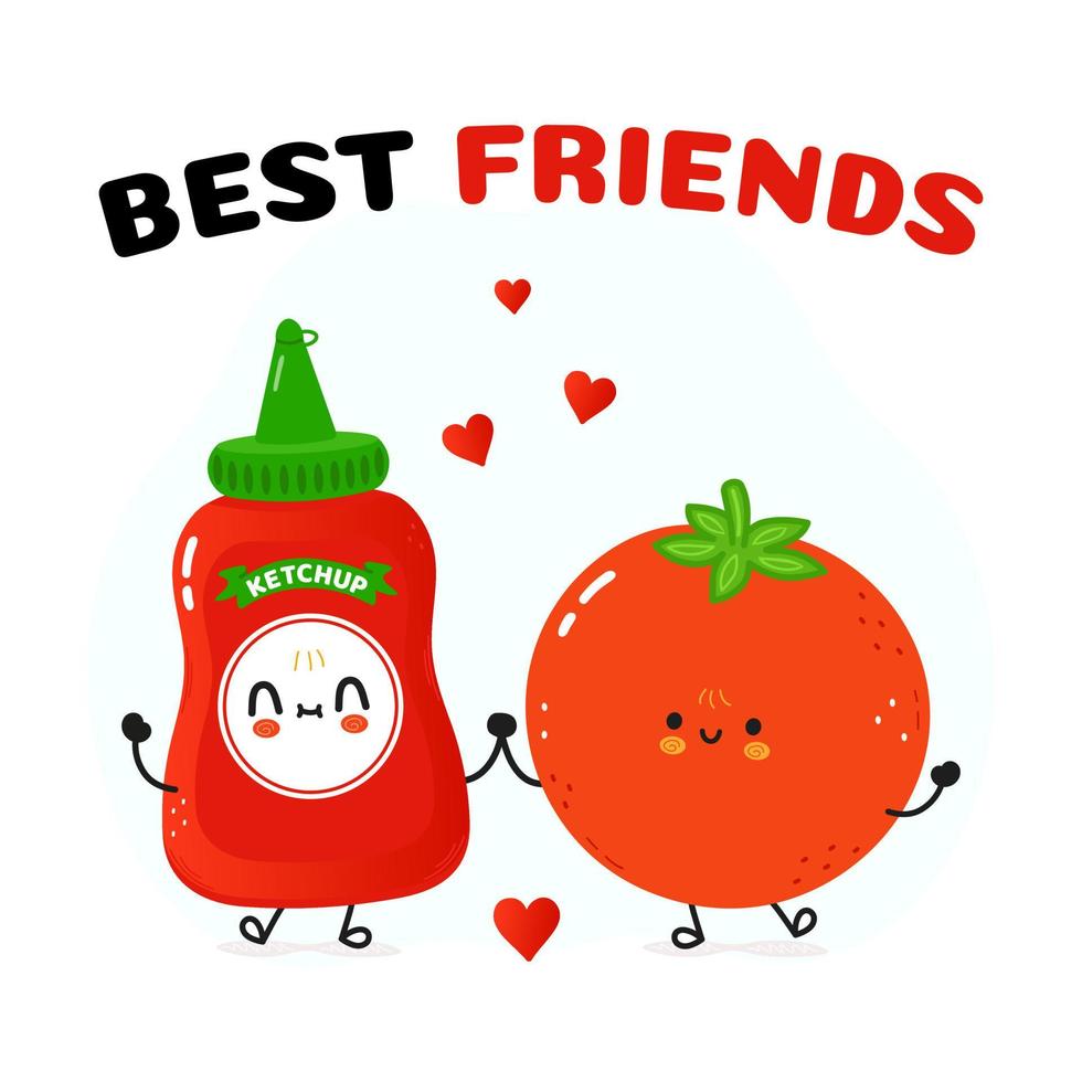 tarjeta de ketchup y tomate. diseño de icono de ilustración de personaje de dibujos animados de estilo de fideos dibujado a mano vectorial. feliz tarjeta de concepto de ketchup y tomate amigos vector