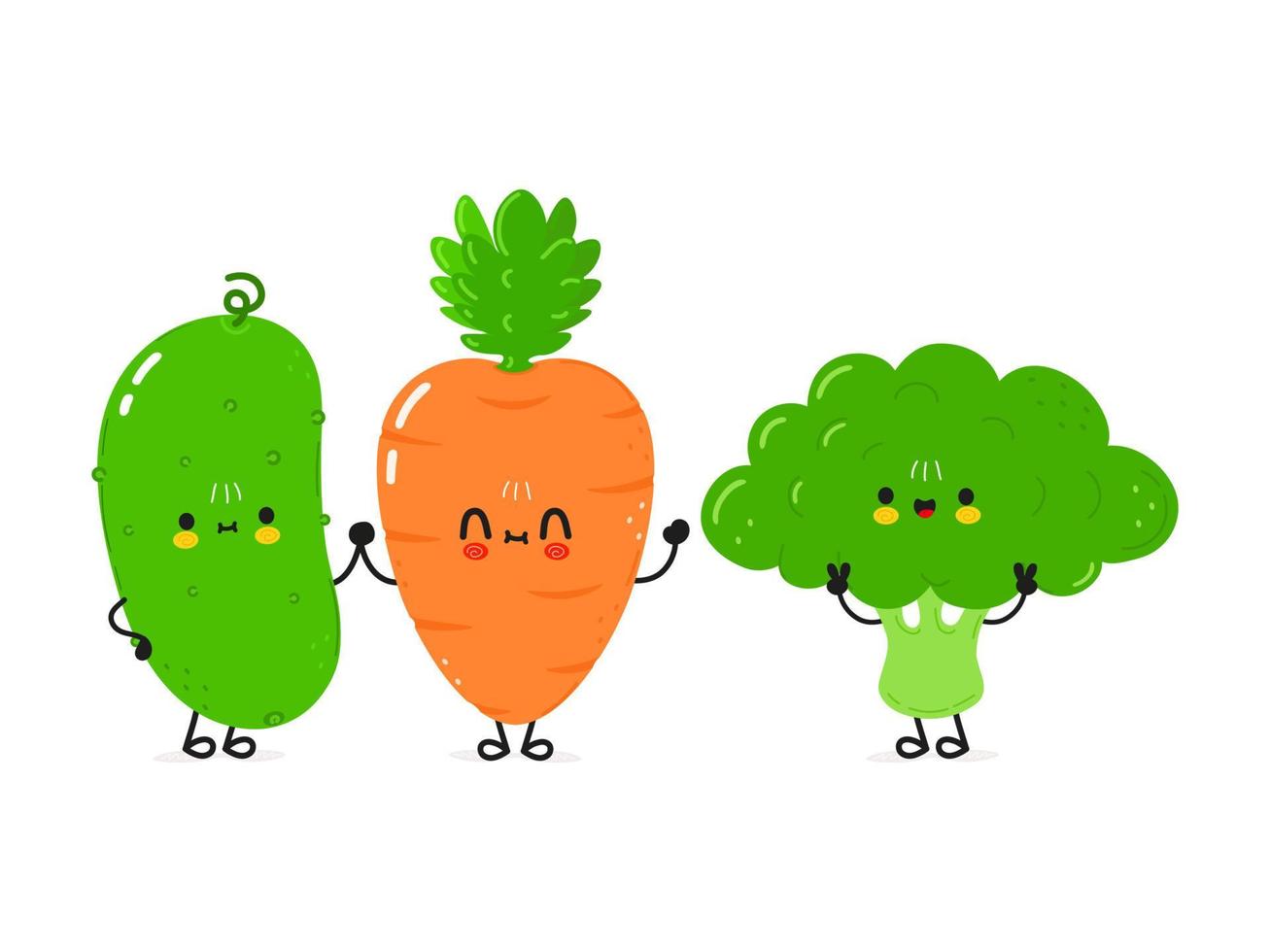 Cute happy cucumber broccoli and carrot card. Vector hand drawn doodle style cartoon character illustration icon design. Happy cucumber broccoli and carrot friends concept card