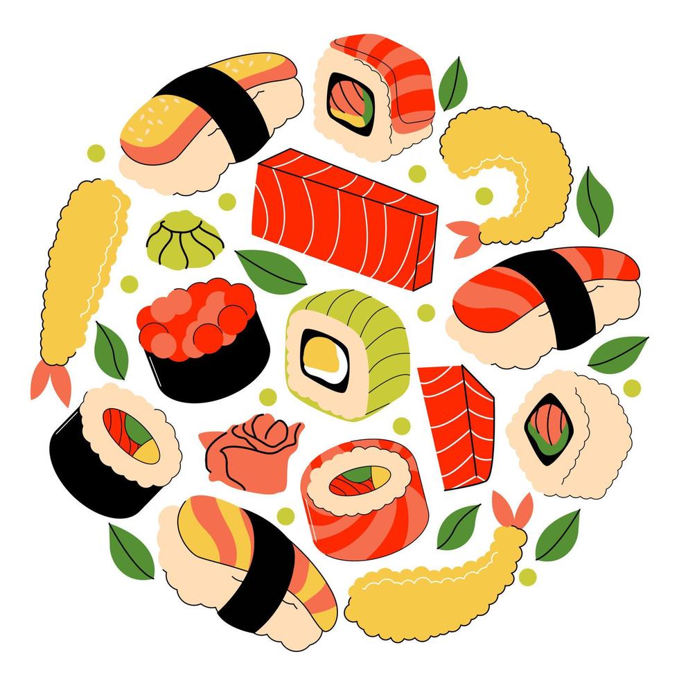 un juego de sushi japonés, rollos. artículos para comida asiática. cocina japonesa. ilustración vectorial platos asiáticos para menús y restaurantes. vector